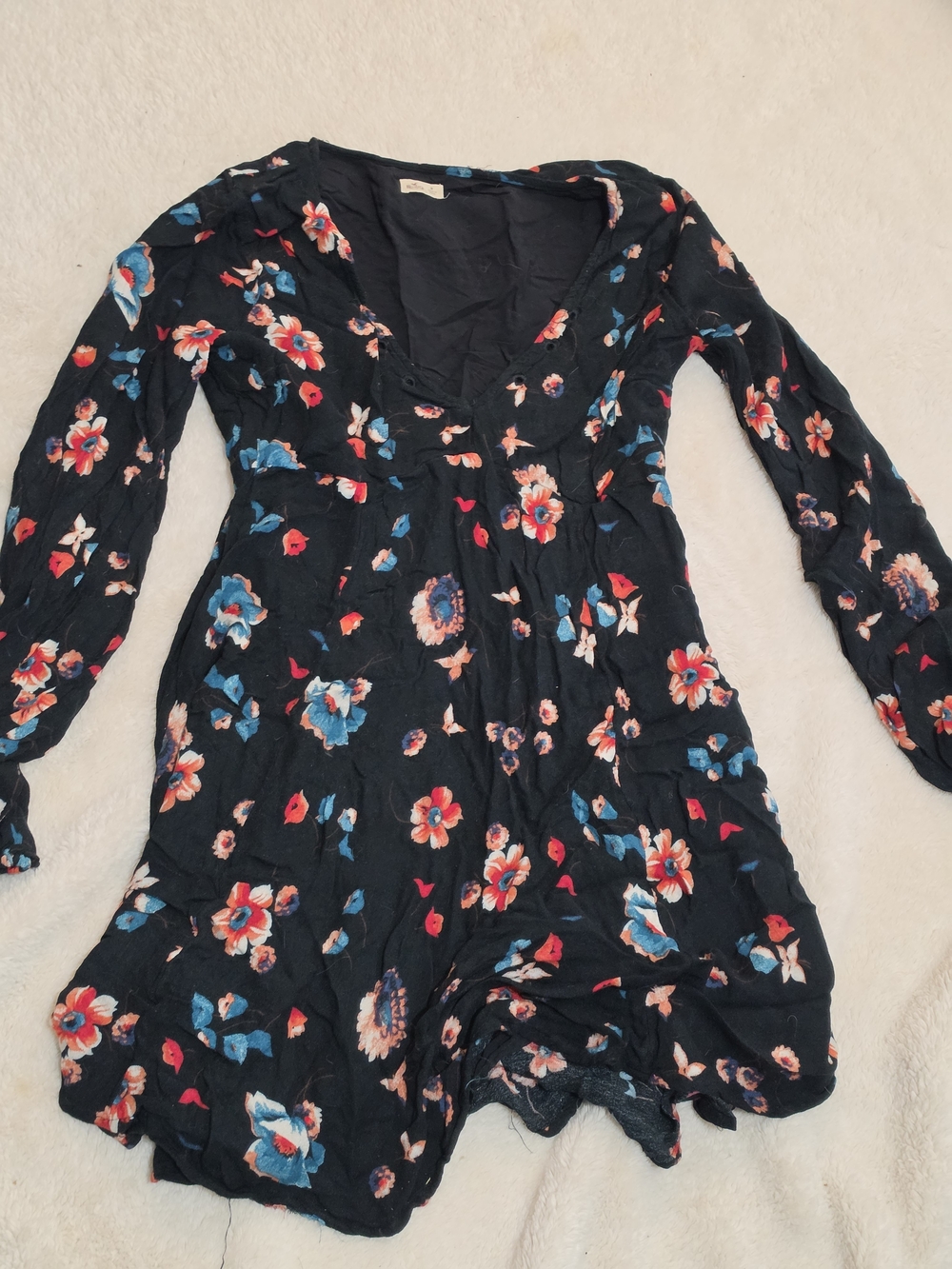 Hollister Black Floral Long Sleeve V-Neck Dress with Blue and Coral Accents